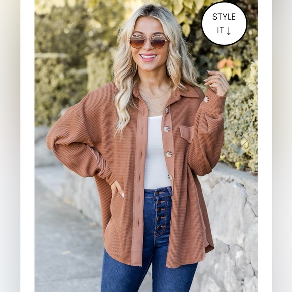 Pink Lily Tops - Pink Lily Waffle Knit Shacket, Rust